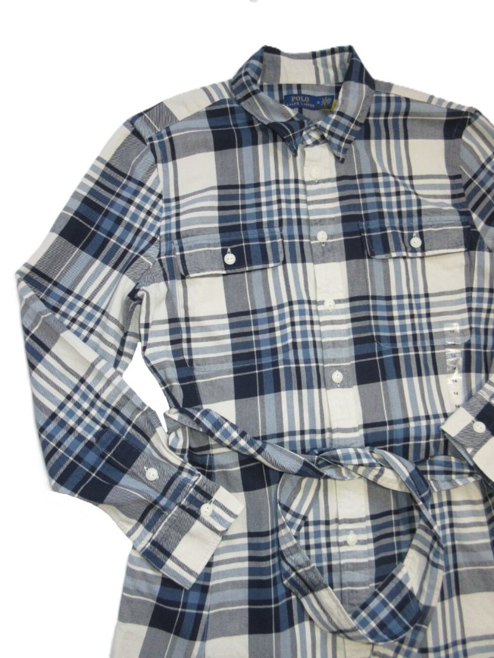 NWT Polo Ralph Lauren Plaid Twill Shirt Maxi in Blue Ivory Cotton Shirtdress 14 - Picture 5 of 7